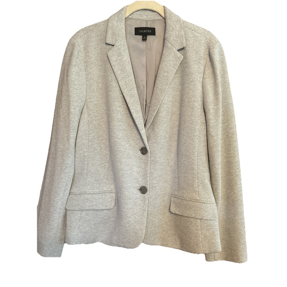 Talbots Womans Short Blazer Jacket Size 16 Lined Classic 2 Button Gray & White